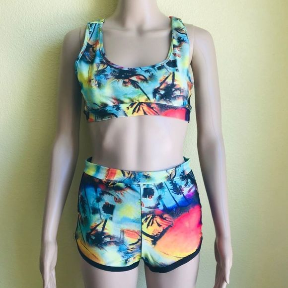 2‎ Piece Tropical Print Swim Top High Waist Short - Picture 1 of 7